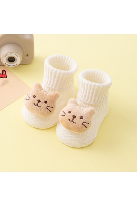 Kids Socks 100% Cotton Non-Slip Gripper for Kidss Kids 0-3 Years Cute 3D Cat Animal Unisex Kids Boys Girls Soft Breathable for Crawling Walking White 1 Pair,Size S