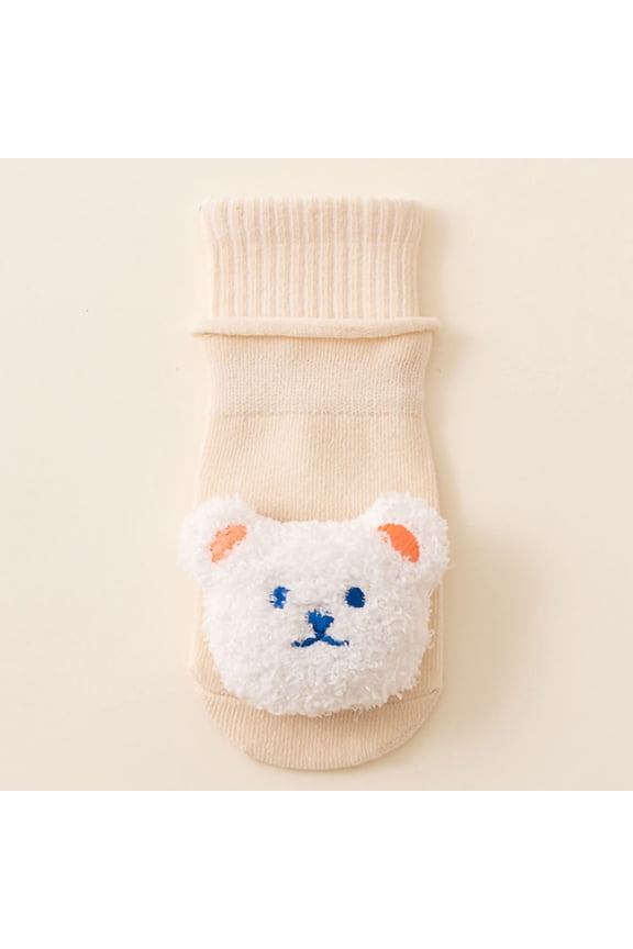 Kids Socks 100% Cotton Plush Bear Stay on Newborn Kids Socks Soft Cute Animal Crib Shoes for Kids White Unisex Novelty Gift,Size S