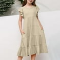 thumbnail image 1 of Vunhao Litte Girls Pleated Dress, A-Line Dress Plain Short Sleeve Holiday Fly Sleeve Crew Neck Girls Dress Khaki Size 8 T, 1 of 7