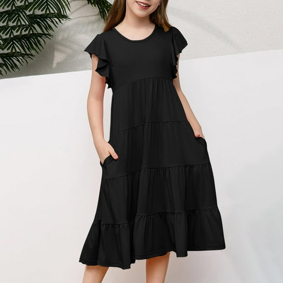 DAETIROS Litte Girls Pleated Dress, Fly Sleeve Holiday A-Line Dress Plain Crew Neck Short Sleeve Girls Dress Black Size 6 T