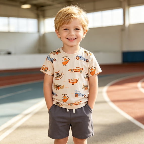 DAETIROS Little Boys Outfit Sets Soft Cotton Fashion Graphic Short Sleeve Top and Shorts Boys Summer Clothes Khaki Size 2-3 T