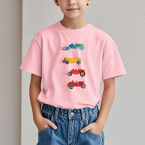 DAETIROS Little Boys T Shirt, Basic Crewneck Comfy Casual Cute Cars Short Sleeve Soft Boys Summer Tee Pink Size 3 T
