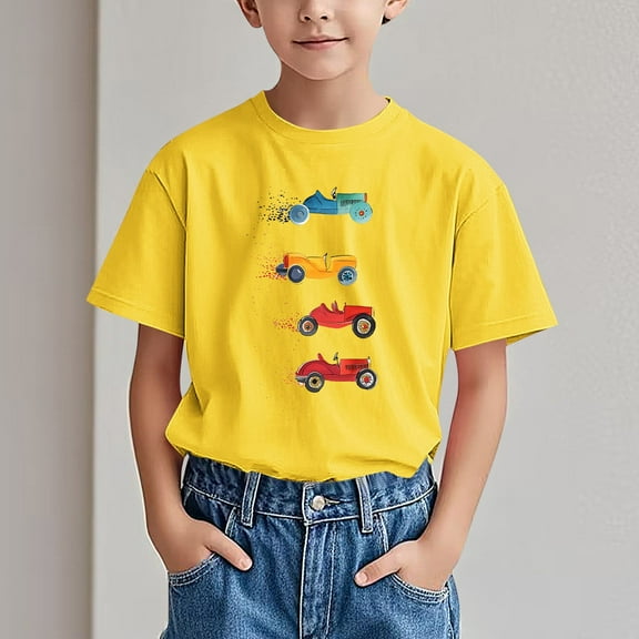 DAETIROS Little Boys T Shirt, Casual Comfy Cute Cars Short Sleeve Soft Basic Crewneck Boys Summer Tee Yellow Size 3 T