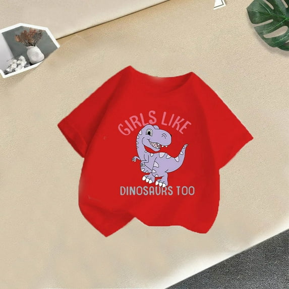 DAETIROS Little Girls Graphic T-Shirt, Comfy Cute Dinosaur Casual Soft Cotton Short Sleeve Basic Crewneck Girls Summer Tee Red Size 5-6T