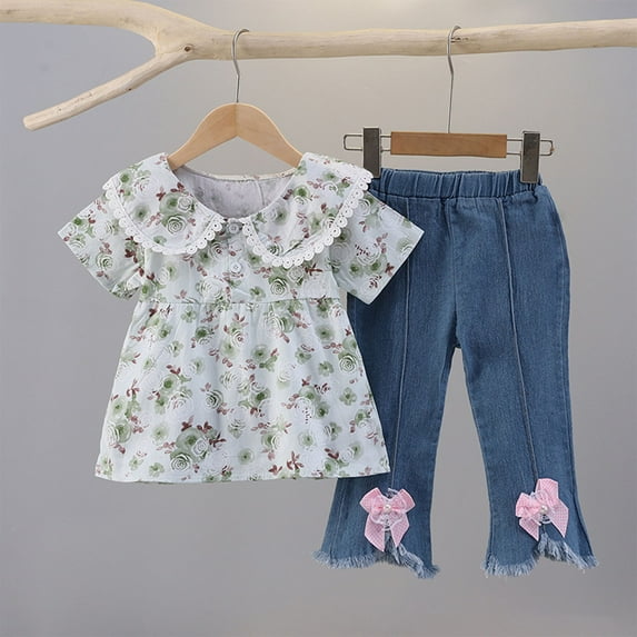 DAETIROS Little Girls Outfit Sets-Casual Cotton Crewneck Short Sleeve Shirts and Jeans Girls Summer Clothes Set Green Size 4-5 Years