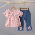 thumbnail image 1 of DAETIROS Little Girls Outfit Sets-Casual Cotton Crewneck Short Sleeve Top and Jeans Girls Summer Clothes Set on Clearance Pink Size 2-6 Years, 1 of 8