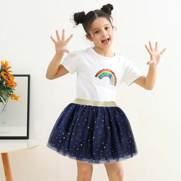 DAETIROS Little Star Skirt, Cute Solid Color Party Birthday Gift Pleated Tulle Cozy Girls Skirt Navy Size 13-14T