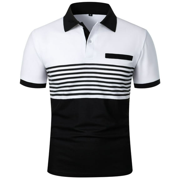 DAETIROS Mens Polo T-Shirt, Casual Lapel Short Sleeve Striped Soft Mens Summer Tee White Size L