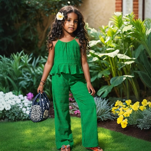 DAETIROS Outfit Sets for Girls-Casual Soft Fashion Pleated Cami and Loose Pants Girls Summer Clothes Green Size 3 T