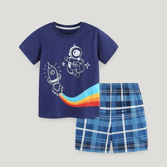 DAETIROS Outfit Sets for Little Boys-Soft Cotton Fashion Graphic Short Sleeve Top and Plaid Shorts Boys Summer Clothes Blue Size 6 Years