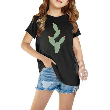 DAETIROS Plant Print Girls Shirt, Short Sleeve Crew Neck Vacation Graphic Tee Cactus Print Black Size 7-8T