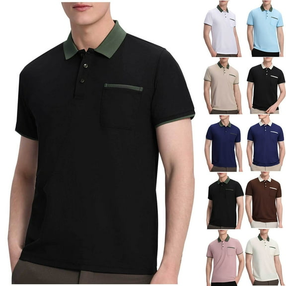 DAETIROS Polo Shirts for Men with Pocket-Short Sleeve Solid Fashion Mens Summer Clothes on Black Size S-4XL