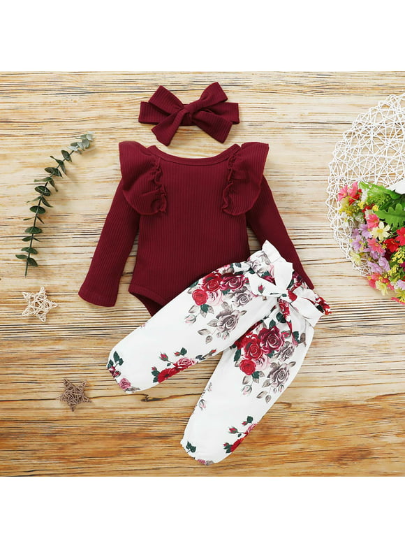 DAETIROS Quick Drying Newborn Baby Girl Clothes infant Outfits Ruffle Sleeve Romper Bodysuit Floral Pants Toddler Girl Outfits Red
