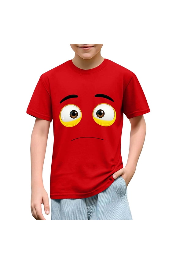 Red Boys 100% Cotton Funny Cartoon Face T-Shirt Soft Breathable Crewneck Short Sleeve Graphic Tee Vibrant Casual Top for Kids Sizes 4-12,Size 7 T