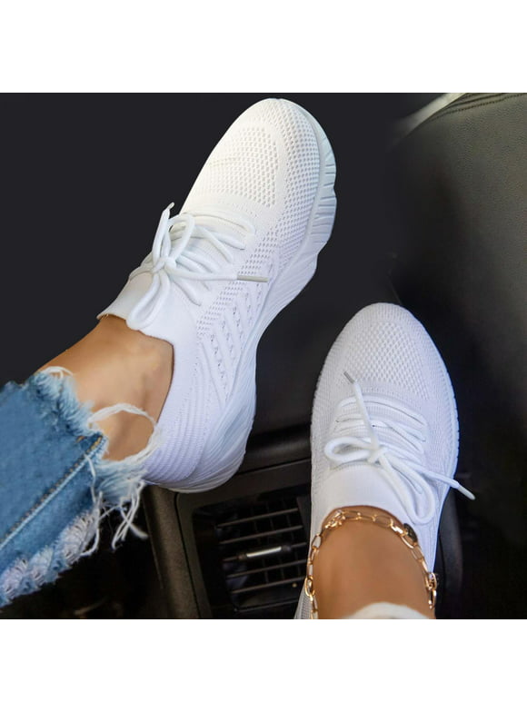 DAETIROS Shoes for Women Large size Sneakers Thick sole Lace-up Flyweaving Stirrup Sports Solid color Running Womens Shoes White Size 6.5