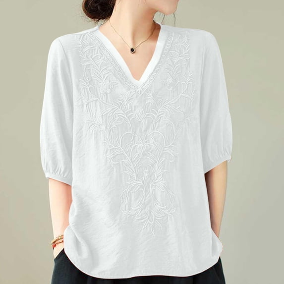 DAETIROS Short Sleeved T-Shirt Women V-Neck Solid Color Undershirts White Size 3XL