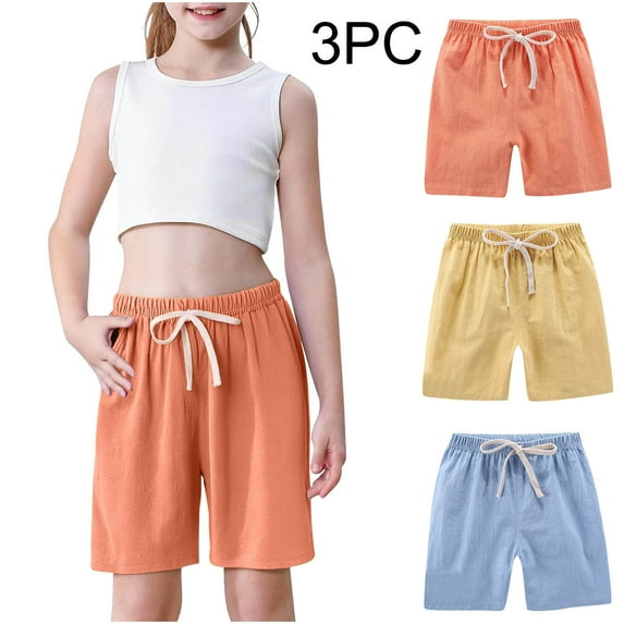 DAETIROS Shorts for Girls 3PC,Fashion Cotton Linen Drawstring Solid Casual Girls Summer Shorts Orange Size 5 Years