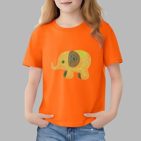 DAETIROS Soft 100% Cotton Boys Elephant Graphic T-Shirt Orange Short Sleeve Crewneck Kids Animal Tee Hand Drawn Art Fade Resistant Top Sizes 2-13,Size 5-6 T