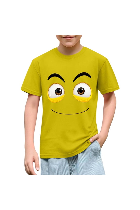 Soft Boys Funny Cartoon Face 100% Cotton T-Shirt Short Sleeve Crewneck Graphic Tee Yellow for Kids 4-10,Size 7 T