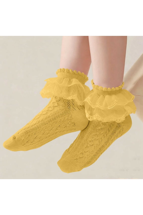 Soft Breathable Cotton Lace Ankle Socks Ruffle Trim Women Girls Unisex Yellow Cable Knit Vintage Cottagecore Socks,Size L