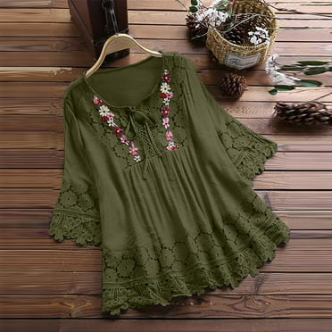 Fnooota T Shirts for Women, Casual Crew Neck 3/4 Sleeve Loose Fit Summer Tops Army Green Size 2XL