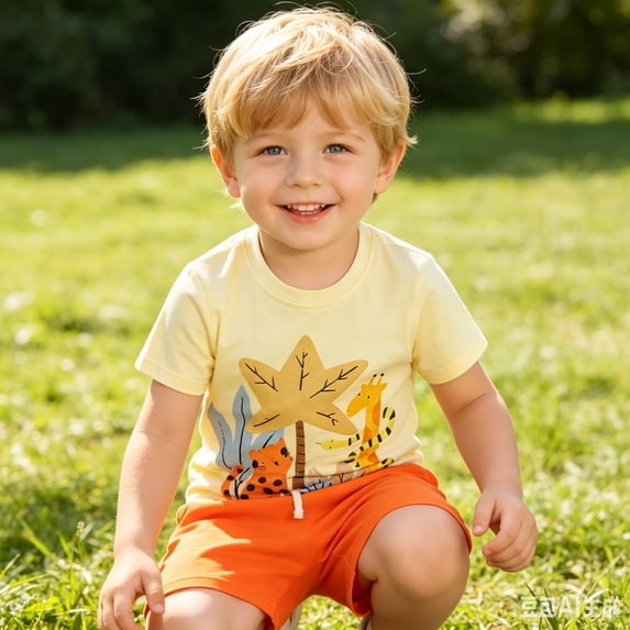 DAETIROS Toddler Boys Outfit Sets Soft Cotton Fashion Graphic Short Sleeve Top and Shorts Boys Summer Clothes Orange Size 4-5 T