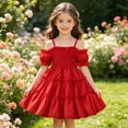 thumbnail image 1 of DAETIROS Girls Off Shoulder Sundress Puff Sleeve Bubble Pleated Toddler Party Princess Dress with Smocked Chest & Ruffled Tiered Skirt – Summer Casual, 1 of 7