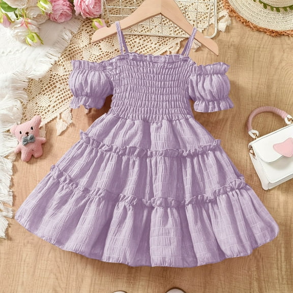 DAETIROS Toddler Girl Pleated Sundress, Sundress Puff Sleeve Short Sleeve Crew Neck Beach Plain Girls Dress Purple Size 2-3T
