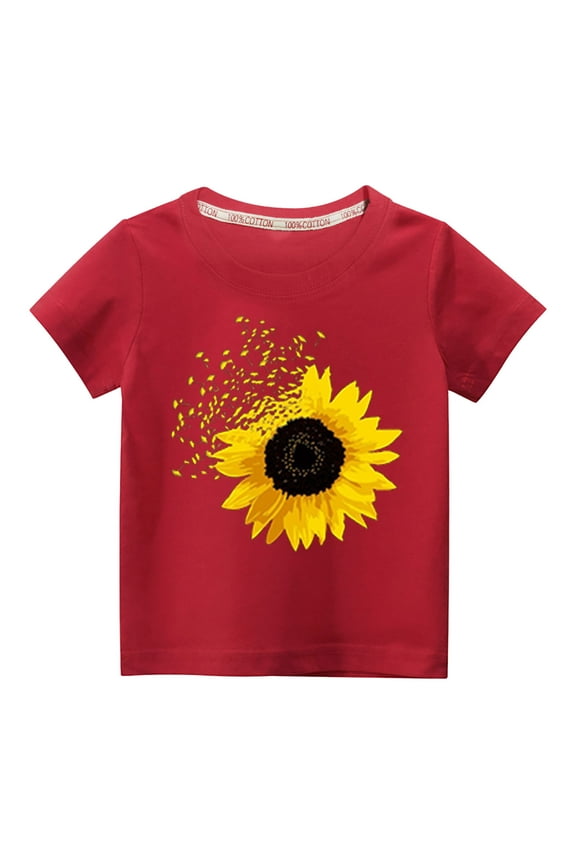 Toddler Girls Sunflower Print T-shirt, Short Sleeve Crew Neck Vacation Casual Red Size 5 T