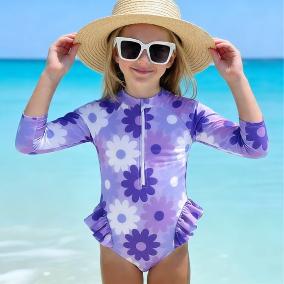 DAETIROS UPF 50+ Long Sleeve Rash Guard Swimsuit for Girls Purple Floral One-Piece Bathing Suit with Ruffle & Front Zipper for Kids Kids,Size 0-1T