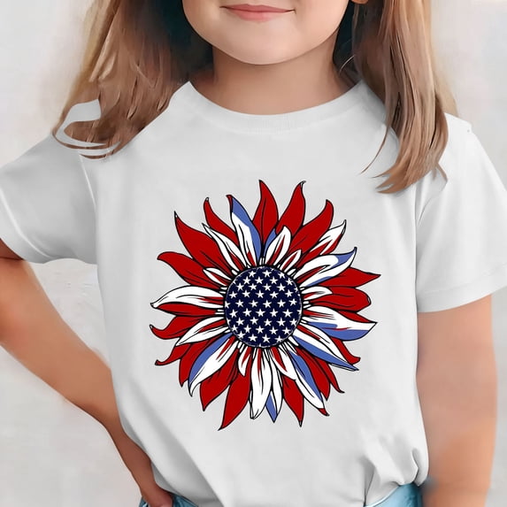 DAETIROS White Patriotic American Flag Sunflower T-Shirt for Girls Soft Cotton Blend 4th of July Kids Independence Day Top,Size 10-11 T