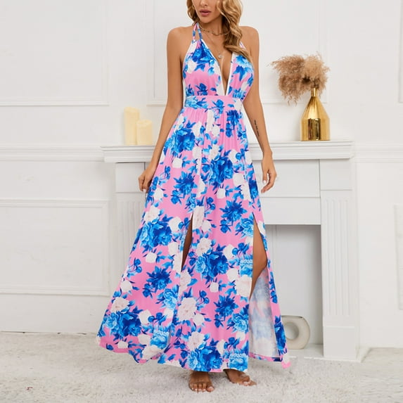 DAETIROS Women Summer Dress Printed V-neck Thin Dress Pink Size XL