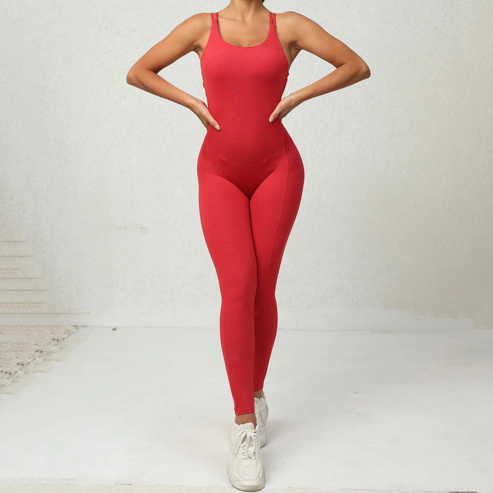 DAETIROS Women s One piece Sport Yoga Jumpsuit Running Fitness Workout Tight Pants Red Size S