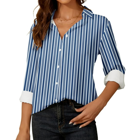Fnooota Womens Button Down Shirts, Casual Long Sleeve Stripe Fall Tops Blue Size M