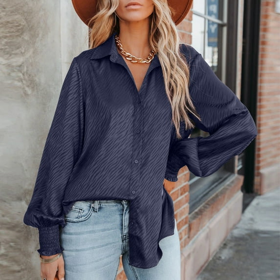 Fnooota Womens Button Down Shirts, Casual Solid Color Long Sleeve Fall Tops Navy Size 2XL