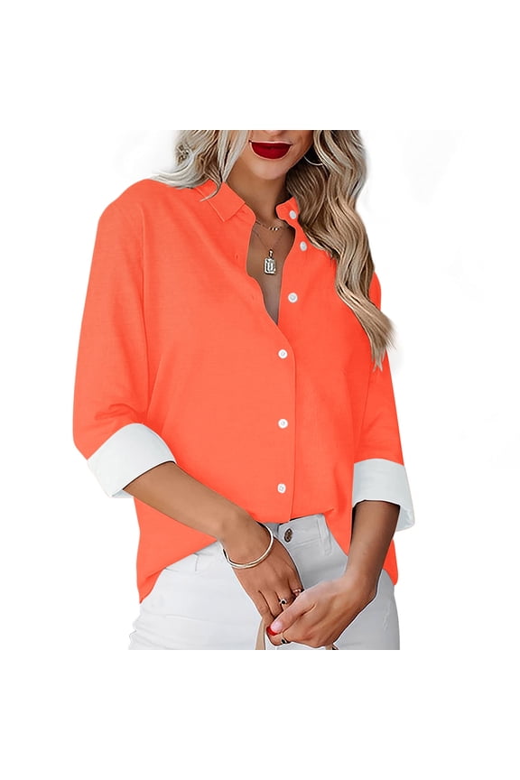 Womens Button Down Shirts, Long Sleeve Solid Color Casual Fall Tops Orange Size 2XL