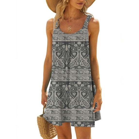 DAETIROS Womens Casual Dresses Printed Round Neck Thin Dress Dark Gray Size S
