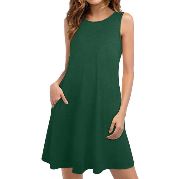 Itsame Womens Casual Dresses Solid Color Round Neck Thin Dress Green Size S