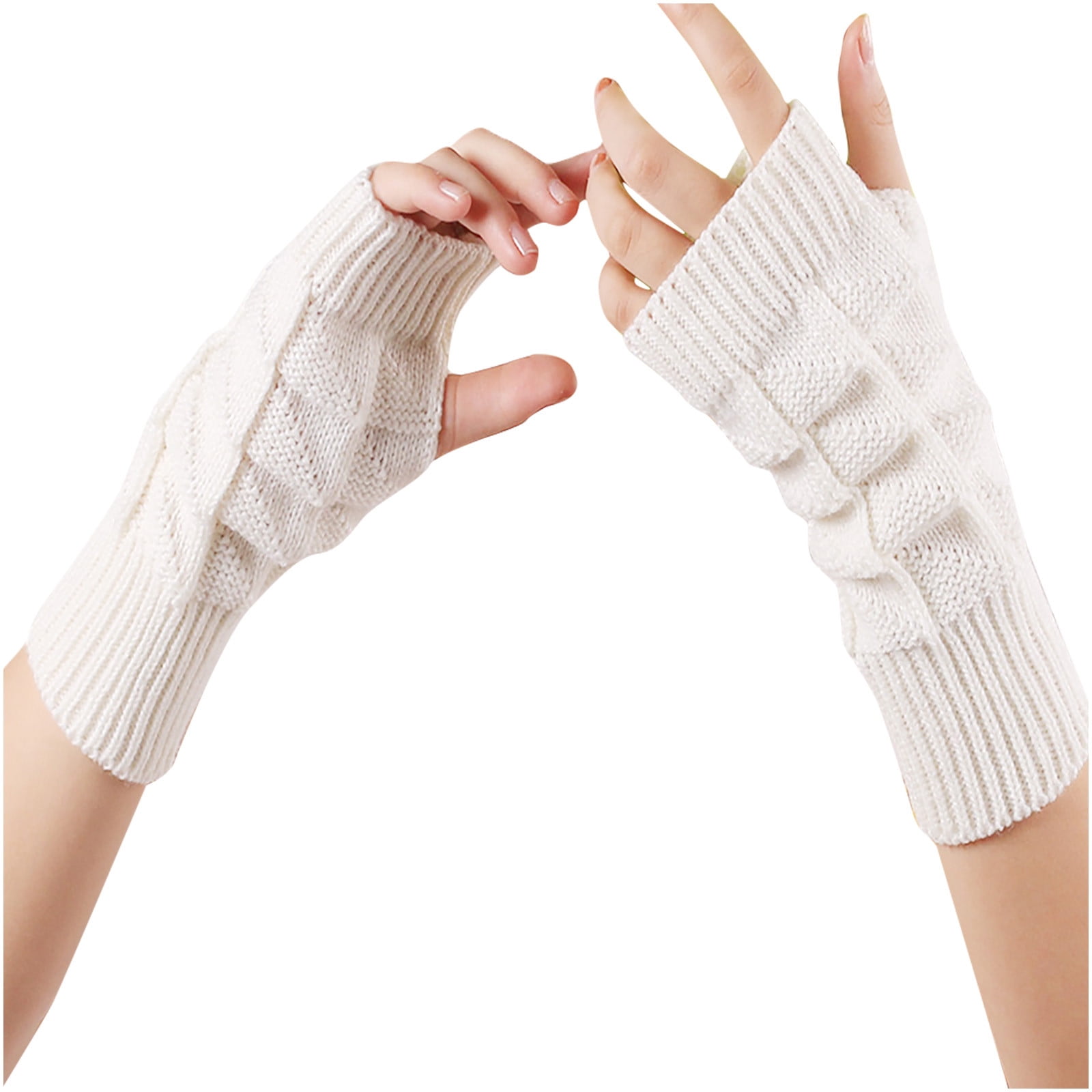 DAETIROS Womens Knit Winter Gloves No Fingers Solid Thermal White