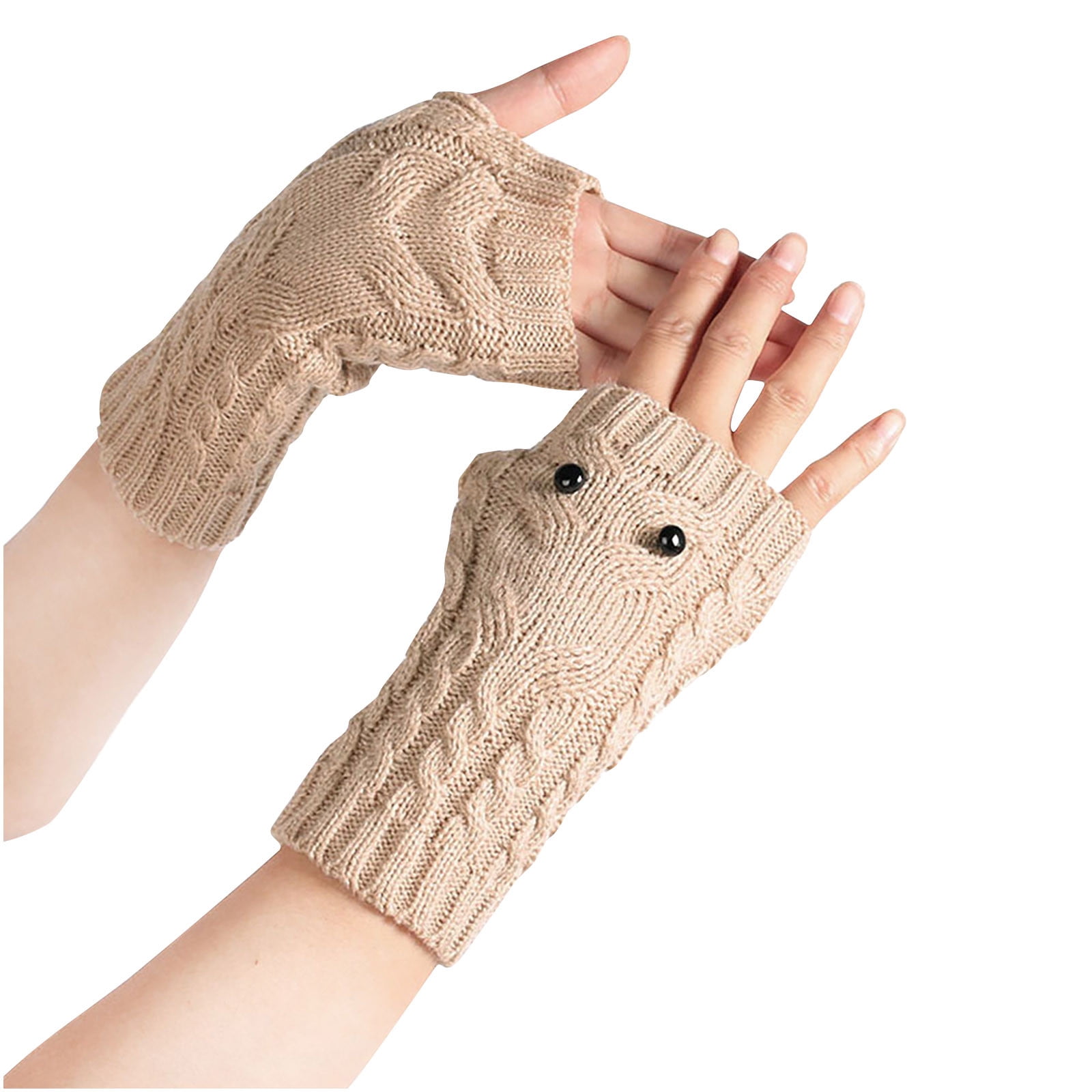 DAETIROS Womens Knit Winter Gloves No Fingers Thermal Solid Beige