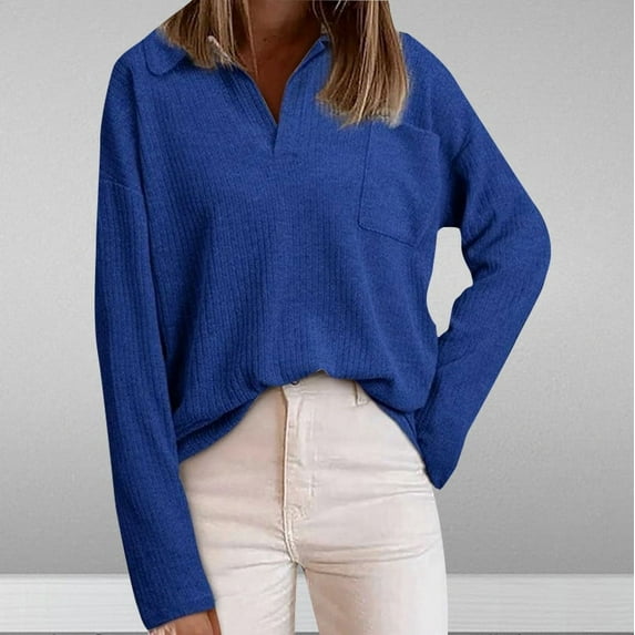 Fnooota Womens Sweaters, Long Sleeve Solid Color V Neck Loose Pullover Tops Blue Size L
