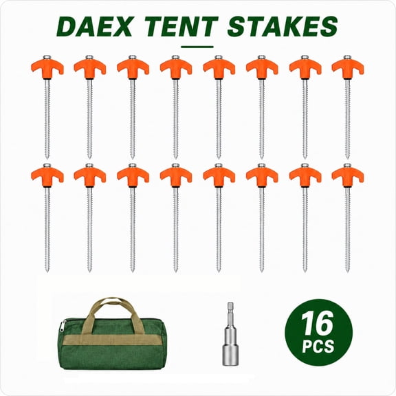 DAEX 16 Pack Heavy Duty Screw-In Tent Stakes, 8" Steel Ground Anchors for Camping, Tents, Canopies