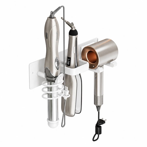DAEX Hair Dryer Stand Wall Mount 3-in-1 Hair Tool Organizer with Curling Iron & Flat Iron Racks, White