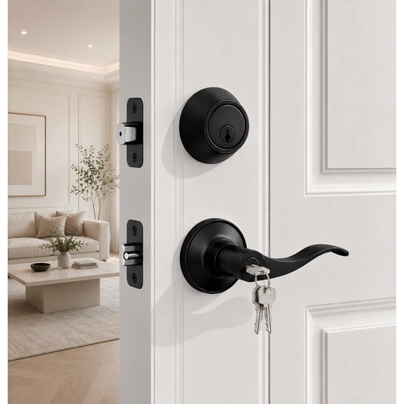 DAEX Keyed Alike Front Door Lever with Single Cylinder Deadbolt Wave Style Heavy-Duty Reversible Left/Right Matte Black