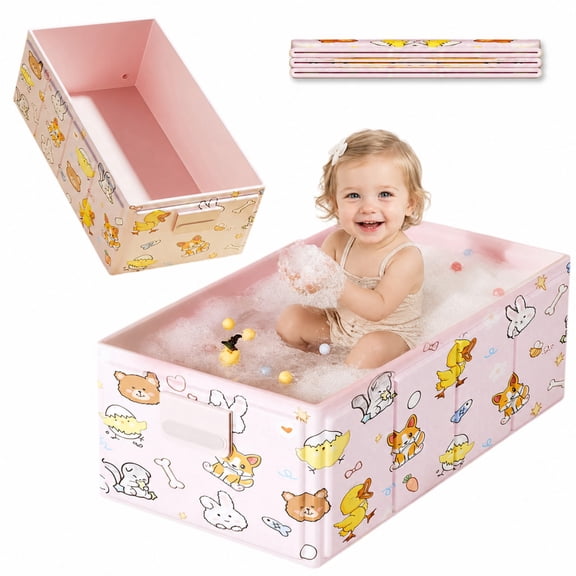 DAEX Portable Foldable Baby Bathtub, Collapsible Infant & Toddler Bath Tub with Cute Animal Print, Pink, 31.5 x 17.7 x 9.8 Inch