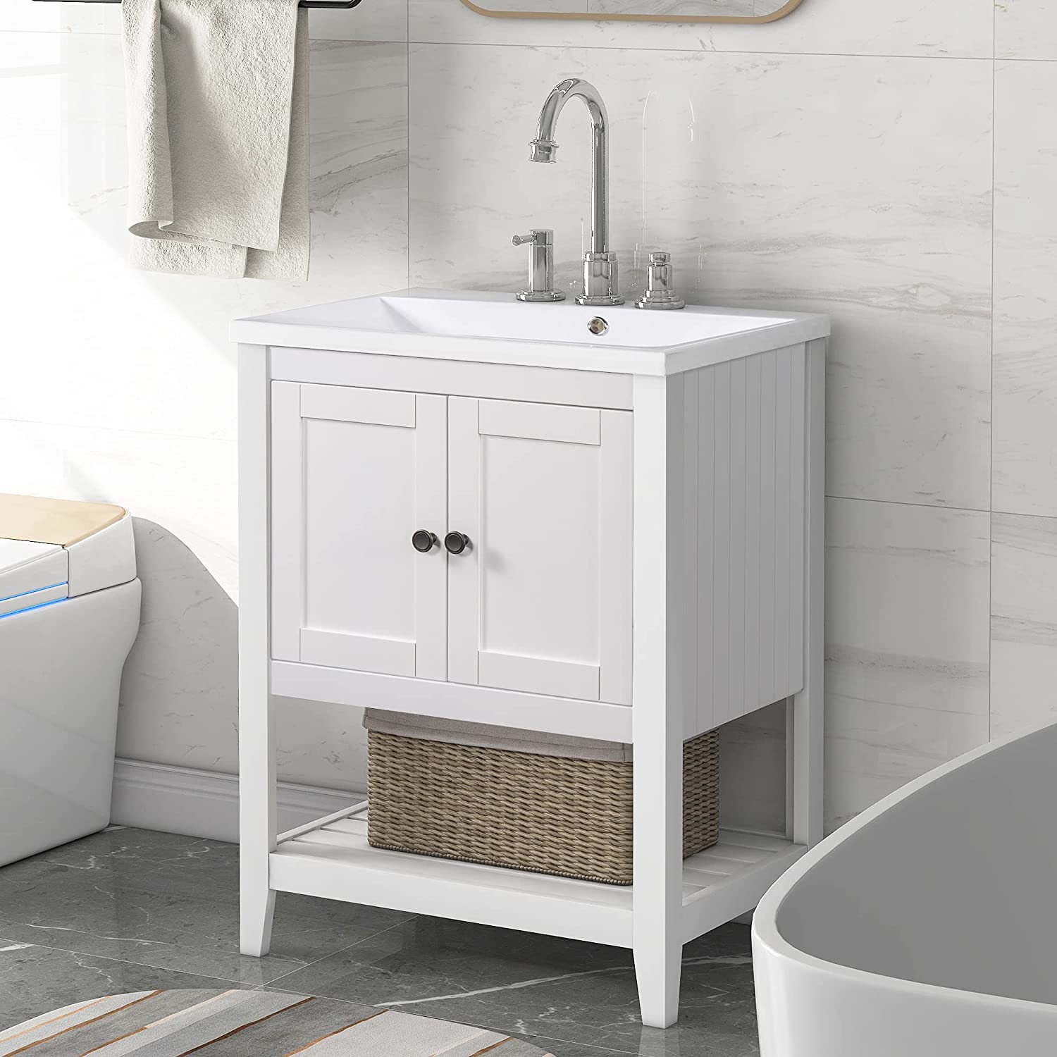 DAFANYA 24'' White Bathroom Sink Wood Single Vanity with