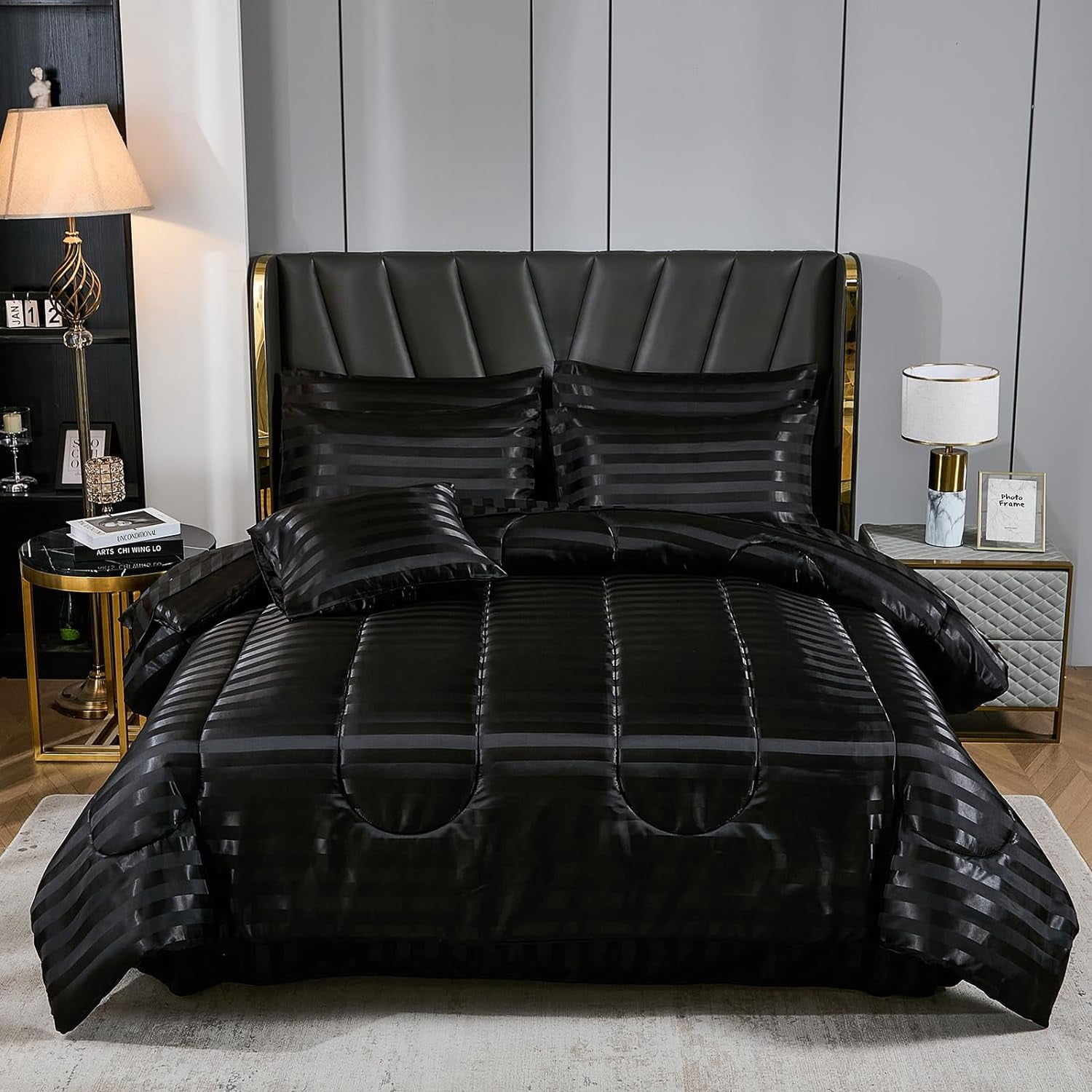DAFANYA Stripe Black Satin Bed in a Bag 8 Pieces Full Size Luxury Silky Bedding Set Cooling ...