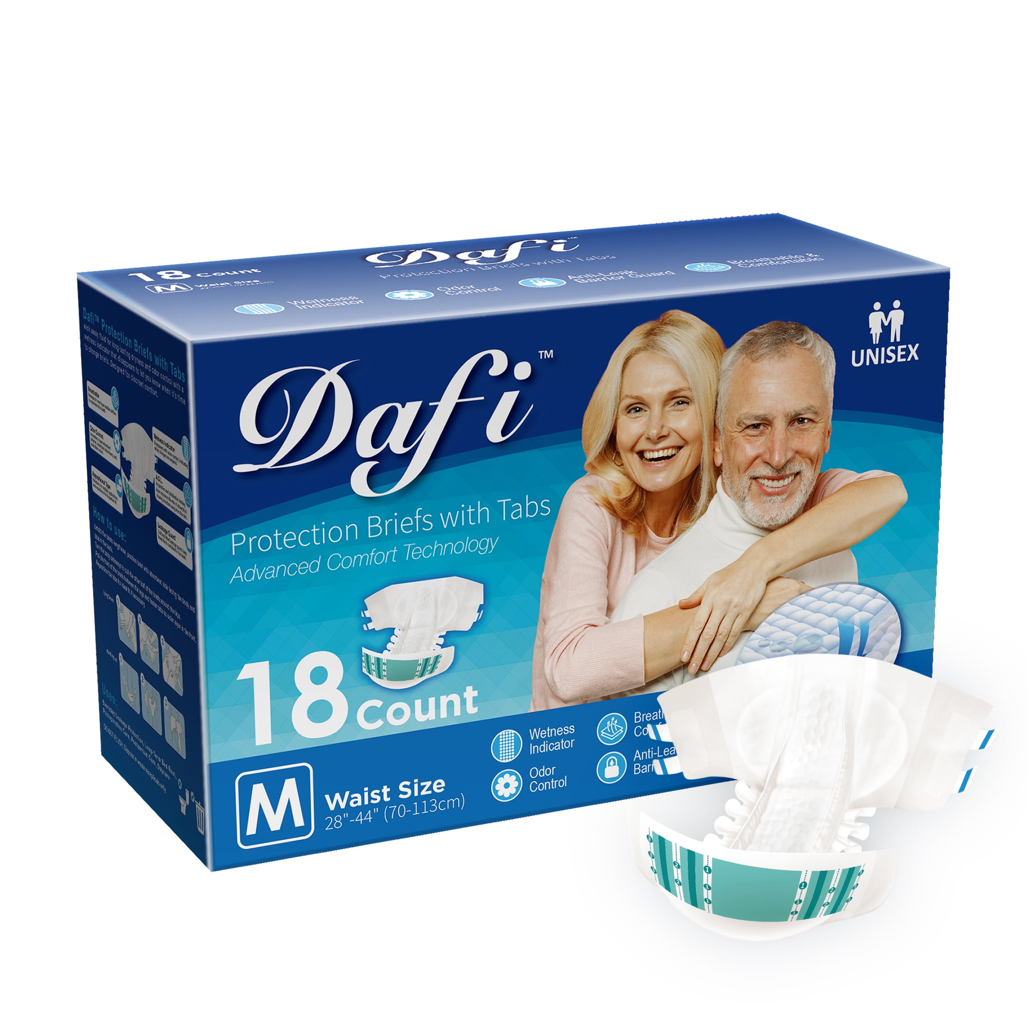DAFI Adult Diapers Disposable Incontinence Briefs with Tabs, M/18 Ct