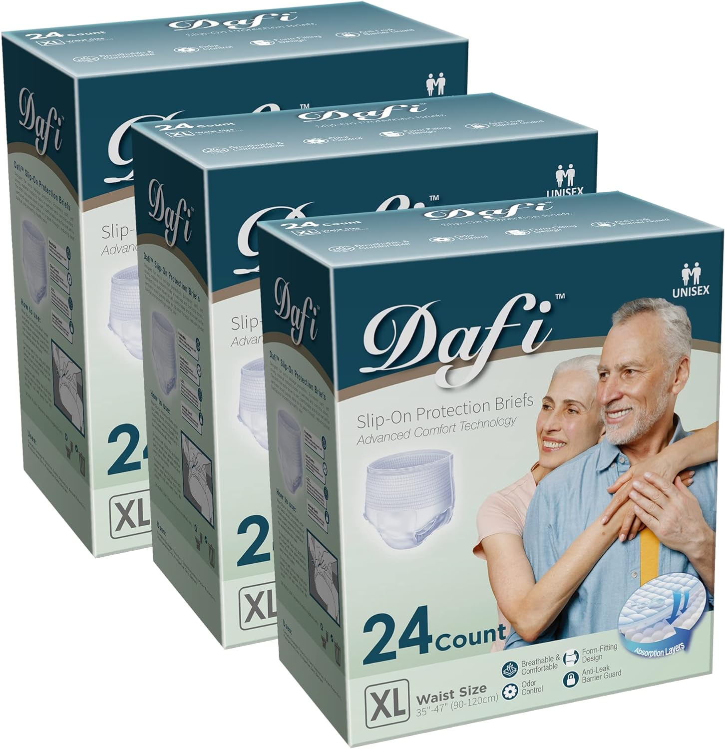 DAFI Adult Incontinence Underwear for Women & Men, XXL/72 Count Overnight  Bladder Control Underwear Disposable Pull Ups, Slip-On Protection Briefs,  Pack of 3 