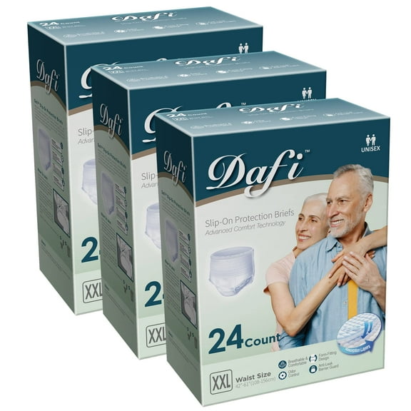 DAFI Adult Incontinence Underwear for Women & Men, XXL/72 Count Overnight Bladder Control Underwear Disposable Pull Ups, Slip-On Protection Briefs, Pack of 3